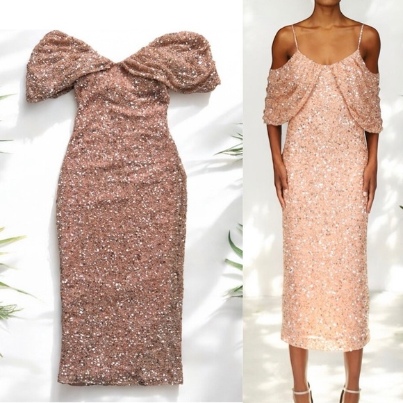 Badgley Mischka Off-the-Shoulder Sequin Dress Peony Pink size 0 gown wedding - Picture 5 of 16